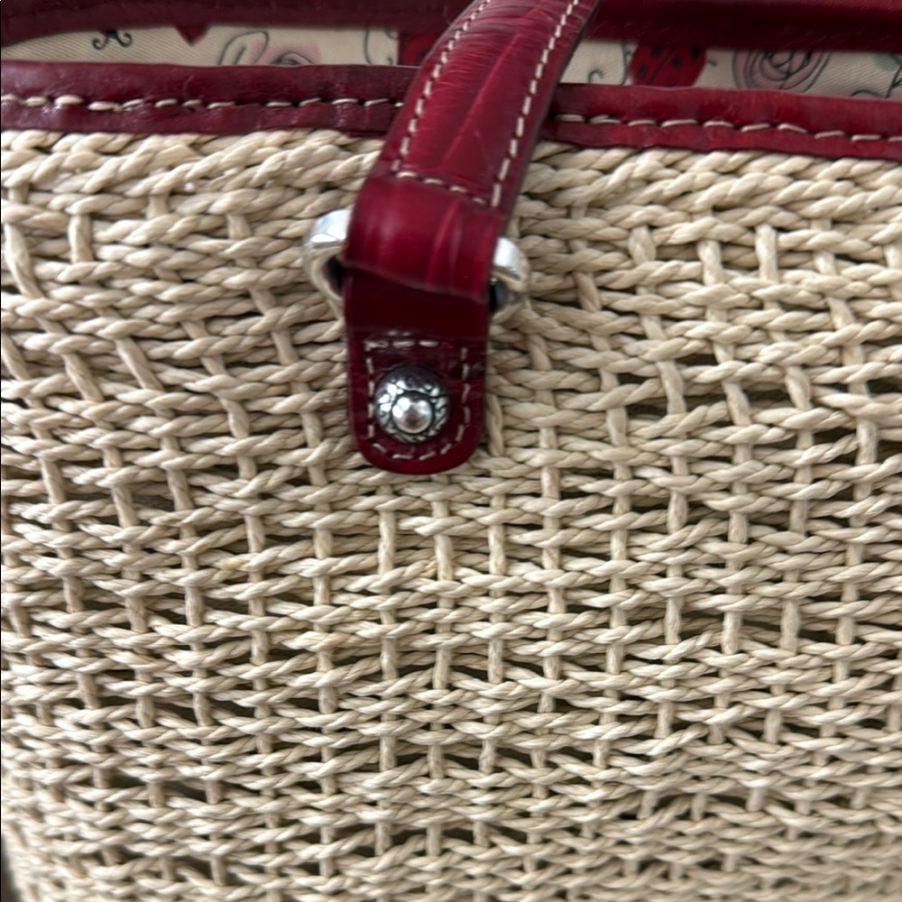 Brighton Patricia Straw Floral Deep Red Leather Handbag/Tote - Picture 10 of 16